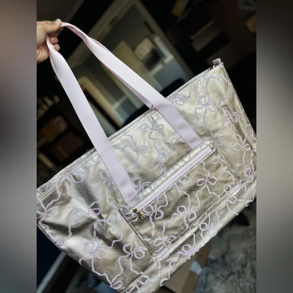 LoveShackFancy state pink & gold xl tote weekender, overnight travel /duffle bag